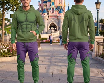 Conjunto navideño de superhéroe verde para cosplay, camiseta y pantalones deportivos verdes, atuendo para fiestas de superhéroes, disfraz navideño familiar a juego.