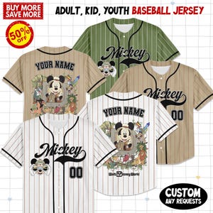 May include: Baseball jerseys in various colors, including green, tan, and white, with pinstripes and solid designs. Each jersey features "Mickey" or "YOUR NAME" and the number "00". Some jerseys have Disney character graphics.
