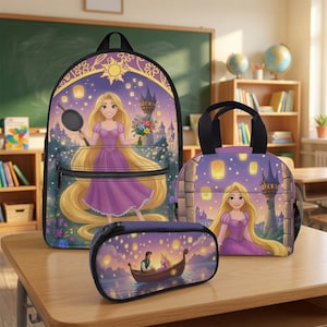 May include: A backpack, a lunch bag, and a pencil case featuring a blonde character in a purple dress. The backpack shows the character holding a frying pan and flowers. The lunch bag displays the character near a tower. The pencil case shows a boat scene.
