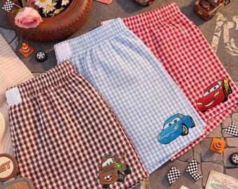 Embroidered Cars Movie Gingham Women Shorts, Embroidery world Vacay, land WDW Lightning McQueen Summer Shorts