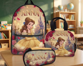 Custom Belle Princess Backpack, Personalized Beauty Princess School Bag Set with Matching Lunch Tote and Pencil Case, Back to School Gift