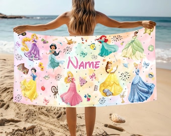 Toalla de playa personalizada de princesas de Disney, toalla de princesa con nombre personalizado, regalo de cumpleaños para niña, piscina, vacaciones de verano