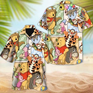 May include: A colorful Hawaiian shirt with a repeating pattern of Winnie the Pooh and his friends. The shirt features characters like Tigger, Piglet, Eeyore, and Owl. The shirt is made of a lightweight fabric and is perfect for warm weather.