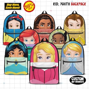 May include: Backpacks featuring various princess designs. Each backpack has a different princess's face on the front, with a zippered front pocket. The backpacks are in various colors, including blue, pink, and yellow. Text on the image reads "KID, YOUTH BACKPACK" and "CUSTOM ANY REQUESTS."