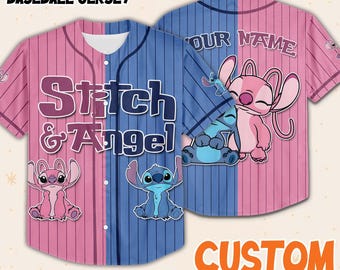 Custom  Stitch And Angel Baseball Jersey, Couple Lovers Shirt, Stitch And Angel Jersey,  Cartoon Baseball Gift, land Vacay