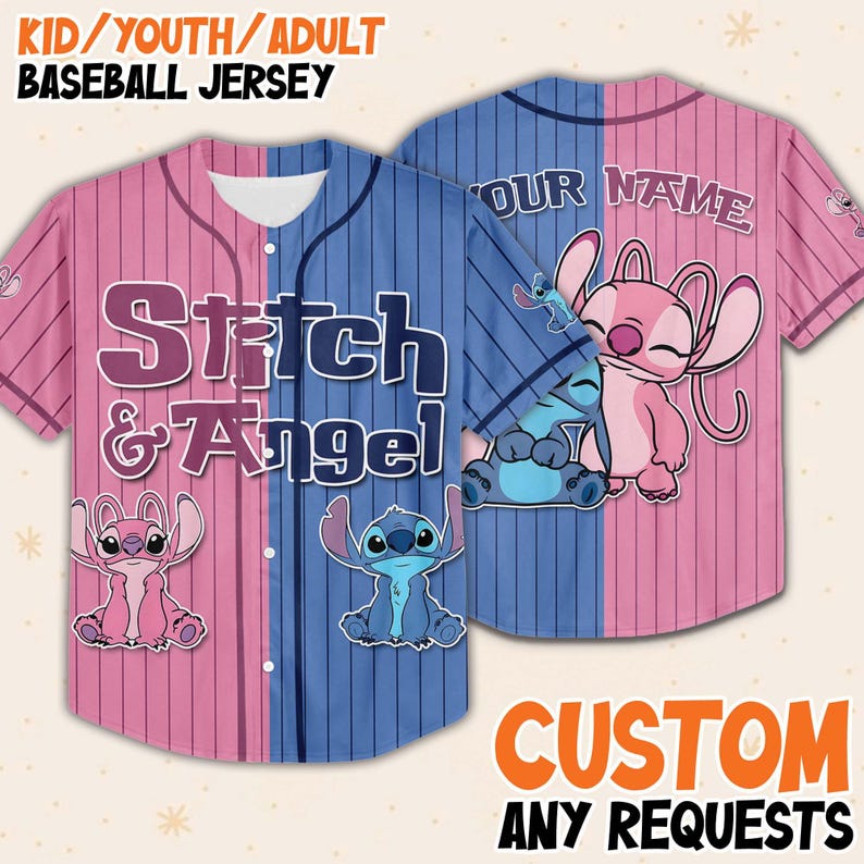 Custom Stitch And Angel Baseball Jersey, Couple Lovers Shirt, Stitch And Angel Jersey, Cartoon Baseball Gift, land Vacay image 1