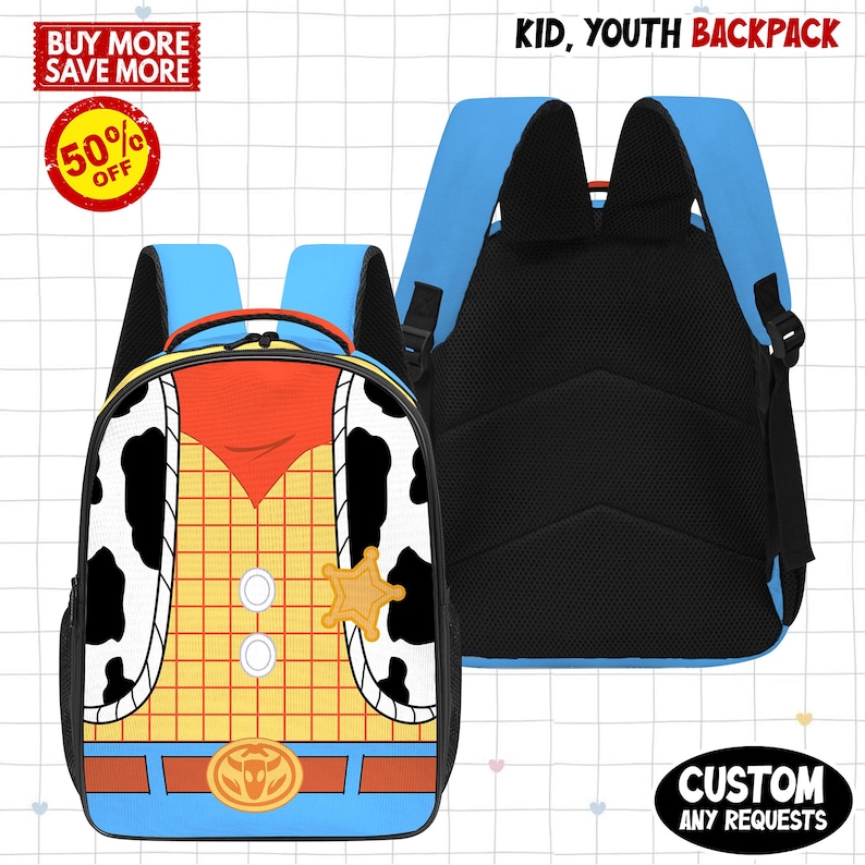 K&ouml;nnte beinhalten: Ein blau-gelber Rucksack mit Cartoon-Design. Die Vorderseite des Rucksacks zeigt das Design eines Charakters, mit einem Sheriff-Abzeichen und einer G&uuml;rtelschnalle. Der Rucksack hat blaue Tr&auml;ger und eine schwarze Mesh-R&uuml;ckseite. Der Text auf dem Bild lautet "Kid, Youth Backpack".