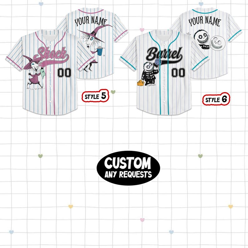 May include: White baseball jerseys with vertical pinstripes and short sleeves. The jerseys feature cartoon character graphics and text, including "Shock", "Barrel", and "Your Name". Each jersey has a number "00" on the front.
