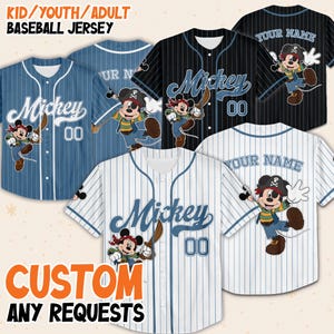 May include: Baseball jerseys in blue, black, and white with pinstripes. Each jersey features the word "Mickey" in a script font, the number "00", and a cartoon character. The text "CUSTOM ANY REQUESTS" is at the bottom.