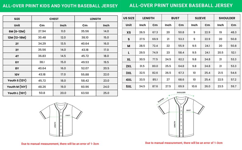 the size and measurements of a youth baseball jersey