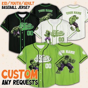 Camiseta de béisbol personalizada de la colección Marvel Hulk, camiseta infantil de superhéroe Hulk, camiseta de béisbol personalizada de Hulk, camiseta de grupo de superhéroes a juego