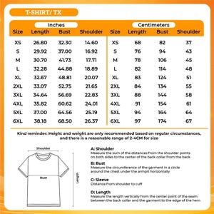 The image is a T-shirt size chart that provides measurements for different sizes, including XS, S, M, L, XL, 2XL, 3XL, and 4XL. The chart includes a bust measurement for each size, as well as measurements for the shoulder and cuff distances.