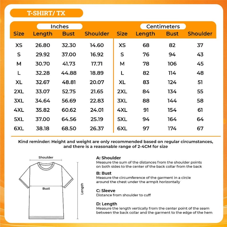 The image is a T-shirt size chart that provides measurements for different sizes, including XS, S, M, L, XL, 2XL, 3XL, and 4XL. The chart includes a bust measurement for each size, as well as measurements for the shoulder and cuff distances.