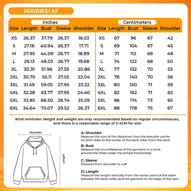 a collection of clothing items, including hoodies and AF (A/F) sizes, along with their corresponding measurements. The image provides a visual guide for determining the appropriate size based on the sum of the distances from the shoulder points to the bust and the cuff, as well as the length from the shoulder to the cuff. The image is a collage of multiple images, and the descriptions provided are concise and focused on the main elements of the image.