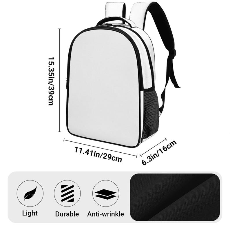 Puede incluir: Mochila blanca con ribete negro, de 39 cm de alto, 29 cm de ancho y 16 cm de profundidad. Incluye un bolsillo lateral de malla y correas ajustables. La imagen tambi&eacute;n muestra iconos de ligero, duradero y antiarrugas.