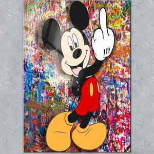 Graffiti pop art di Topolino, stampa a tema cartone animato, graffiti di Topolino su vetro, Topolino di Banksy, stampa su vetro, decorazioni per la cameretta dei bambini