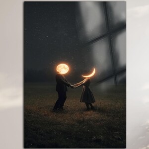 Celestial Lovers Glass Wall Art: Moon & Sun Couple, Romantic Decor