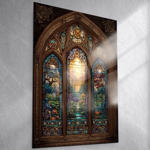 Stained Glass Landscape Wall Art, Arched Window Glass Panel, Sunset Nature Scene, Colorful Home Decor, Unique Gift for Art Lovers