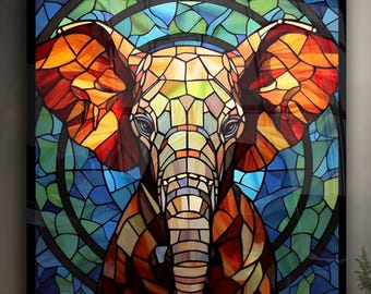 Stained Glass Elephant Wall Art – Colorful Mosaic Tempered Glass Print, Elephant Decor for Home, Boho Safari Animal Wall Panel