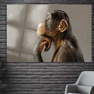 May include: A framed print featuring a chimpanzee in a thoughtful pose, resting its chin on its hand. The primate has brown fur and is set against a neutral background. The print is displayed on a dark gray brick wall, with a modern gray chair and a potted plant in the foreground.