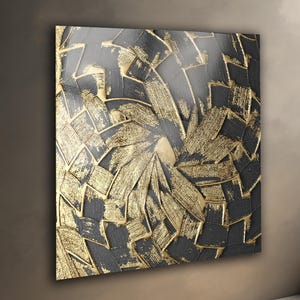 Luxury Gold Abstract Glass Wall Art, Modern Black and Gold Textured Design, Square Tempered Glass Panel, Living Room Statement Decoration