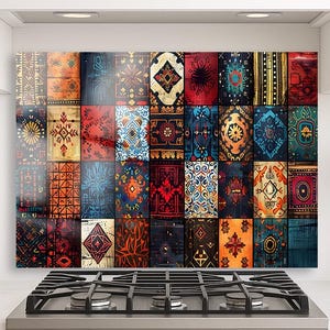 May include: A decorative kitchen backsplash featuring a patchwork design of colorful, patterned rugs. The design incorporates various shades of red, blue, orange, and gold, creating a vibrant and artistic focal point above a stainless steel gas stove.