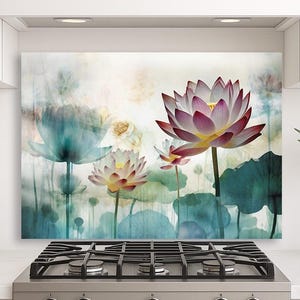 May include: A canvas print featuring a watercolor painting of lotus flowers. The artwork showcases pink, white, and yellow lotus blossoms with green leaves against a soft, blurred background. The painting evokes a sense of tranquility and natural beauty.