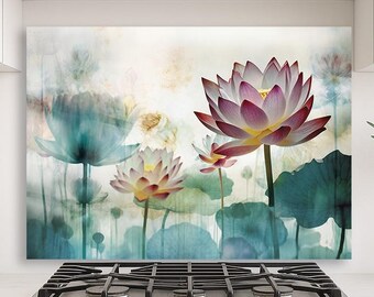 Lotus Flower Glass Backsplash: Zen Kitchen Decor, Tranquil Water Lily Art