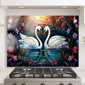 Romantic Swan Stained Glass Backsplash, Sunset Lake Love Scene Panel, Kitchen Wall Art, Floral Boho Decor, Couple Gift Idea