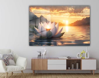 Glazen muurkunst Zen Spa lotusbloem – Glasprint zonsondergang landschap | Ontspanning wanddecoratie | Gehard glaskunst | Wellnesscadeau