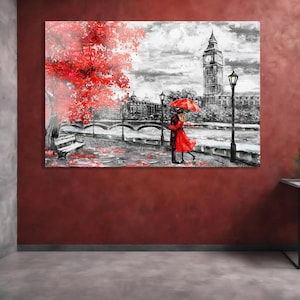 London Couple Wall Art, Big Ben Romantic Print, Red Umbrella Glass Artwork, Rainy Street Decor, Valentine&#39;s Day Gift