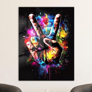Colorful Peace Sign Wall Art, Vibrant Graffiti Style Hand Gesture Print, Modern Urban Pop Art Canvas for Bold Interiors