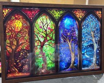 Tree of Life Stained Glass Wall Art, Blue Hydrangea Floral Panel, Tempered Glass Nature Decor, Modern Nature Wall Hanging