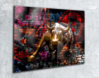 Glass Wall Art opladen Bull: Bitcoin cryptograffiti, decoratie urban finance