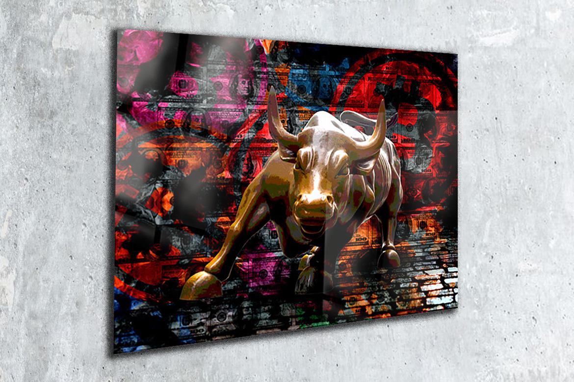 Charging Bull Glass Wall Art: Bitcoin Crypto Graffiti, Urban Finance Decor