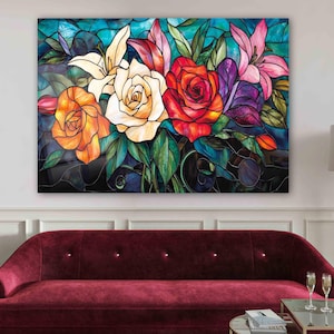 Flower Mosaic Stained Glass Art – Abstract Colorful Floral Wall Decor | Tempered Glass Panel | Vibrant Stained Glass,