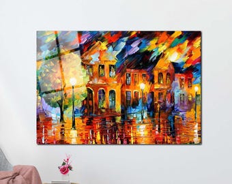 Leonid Afremov Old Street – Abstract Cityscape Glass Art | Colorful Night Street Print | Tempered Glass Wall Decor | Ready to Hang
