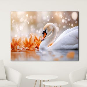 White Swans Glass Art | Tempered Glass Decor | Orange Flower Glass Print | High Quality Wall Art