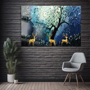 Golden Deer Wall Art, Blue Forest Glass Print, Modern Nature Tempered Glass Panel, Abstract Animal Wall Decor
