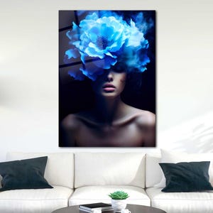 Blue Flower Head Woman Glass Print, Flower Head Woman Wall Decor, Blue Flower Glass Art, Tempered Glass, Wall Hanging, Modern Artwork