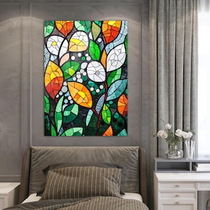 Stained Glass Wall Art – Abstract Green Leaf Mosaic | Tempered Glass Wall Decor | Colorful Nature-Inspired Print