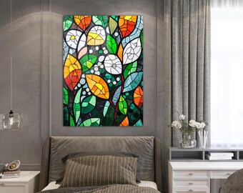 Stained Glass Wall Art – Abstract Green Leaf Mosaic | Tempered Glass Wall Decor | Colorful Nature-Inspired Print