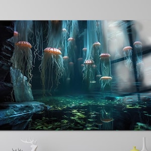 Jellyfish Wall Art, Modern Ocean Glass Wall Art, Abstract Marine Artwork, Glass Printing, Jellyfish Glass Art, Jellyfish Print