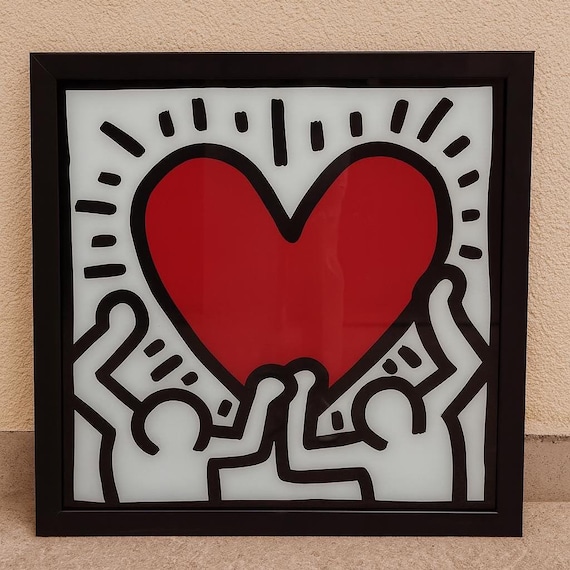 Keith Haring Heart Glass Art: Red Love Print, Contemporary Wall