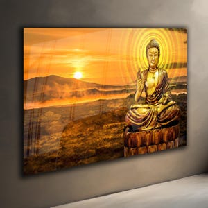Golden Buddha Glass Wall Art, Spiritual Sunrise Decor, Zen Meditation Room Artwork, Tranquil Asian Style Wall Panel