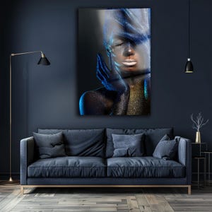 Luxury Black Woman Glitter Art, Modern Blue Gold Glass Wall Art, Abstract Afrocentric Glam Decor, Statement Portrait for Living Room