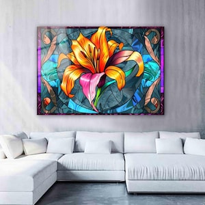 Lily Flower Stained Glass Wall Art – Vibrant Tempered Glass Floral Print | Colorful Flower Decor, Lily Flower Stained Glass Wall Art