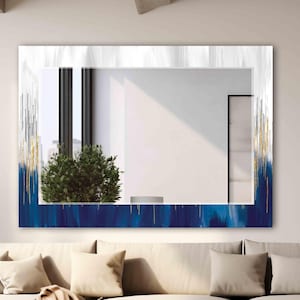 Glass Mirror Wall Decor,Blue Yellow Abstract Wall Art,Glass Printing,Miror Wall Decor,Mirror for Bathroom,Glass Wall Mirror,Bedroom mirror