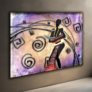 Décoration murale en verre femme africaine : impression géométrique tribale violette