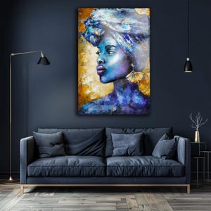African Woman Wall Art, Blue Gold Abstract Portrait, Modern Afro Glass Artwork, Ethnic Face Canvas, Glam Boho Home Decor